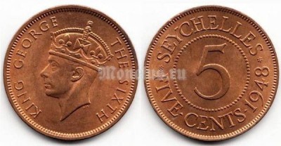 Монета Сейшелы 5 центов 1948 год Георг VI