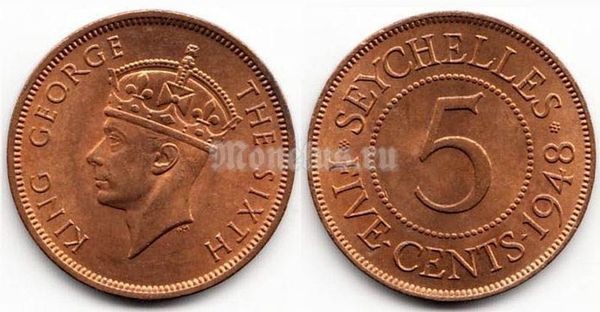 Монета Сейшелы 5 центов 1948 год Георг VI