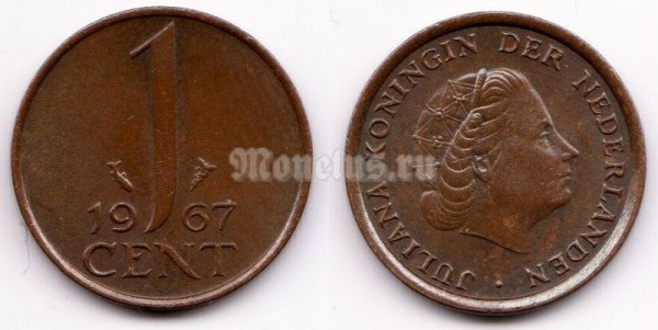 монета Нидерланды 1 цент 1967 год