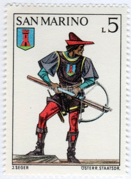 марка Сан-Марино 5 лир "Uniforms" 1973 год