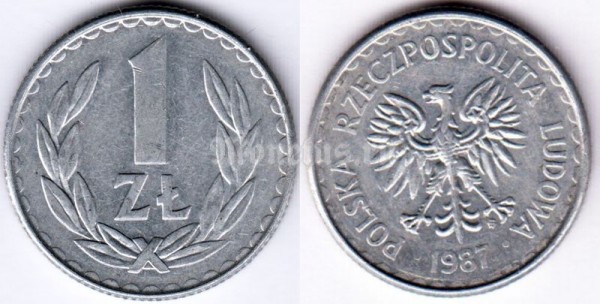монета Польша 1 злотый 1987 год