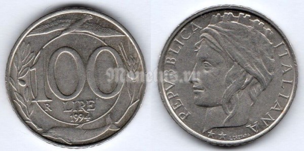 монета Италия 100 лир 1993 - 1997 год