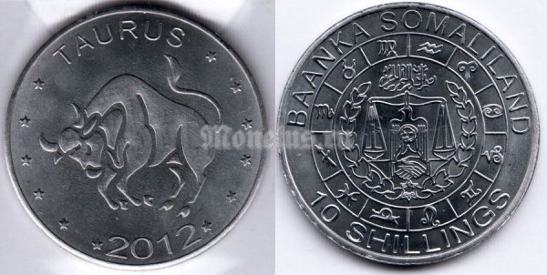 монета Сомалиленд 10 шиллингов 2012 год серия Знаки зодиака - телец