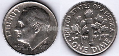 монета США 10 центов (дайм) 1987P год