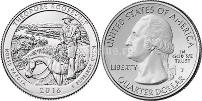США 25 центов 2016 год штат Северная Дакота, Национальный исторический парк Теодор-Рузвельт, 34-й