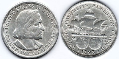монета США 1/2 доллара (50 центов) 1893 год Колумбийская выставка - 400 лет открытия Америки Колумбом