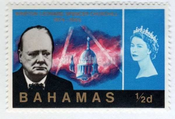 марка Багамские острова 1/2 пенни "Sir Winston Churchill and St. Paul's Cathedral in wartime" 1966 год