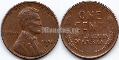 монета США 1 цент 1952 год D
