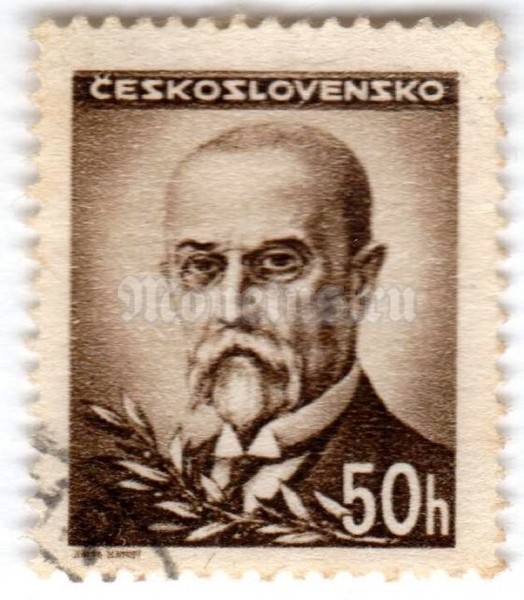 марка Чехословакия 50 геллер "Tomáš Garrigue Masaryk (1850-1937), president" 1945 год Гашение