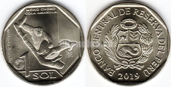монета Перу 1 новый соль 2019 год серия Фауна Перу - Желтохвостая обезьяна (Lagothrix flavicauda)
