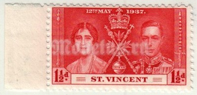 марка Острова Сент-Винсент и Гренады 1 1/2 пенни "Король Георг VI и королева Елизавета I" 1937 год