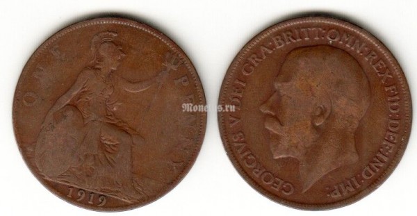 монета Великобритания 1 пенни 1919 год