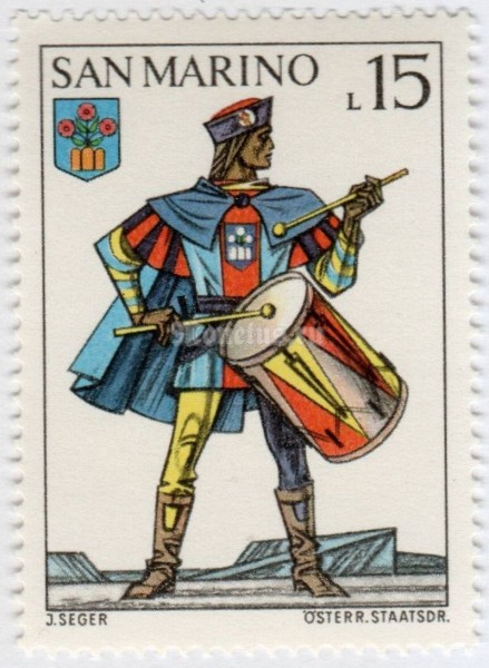 марка Сан-Марино 15 лир "Uniforms" 1973 год