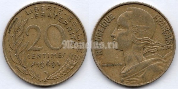 монета Франция 20 сантимов 1969 год
