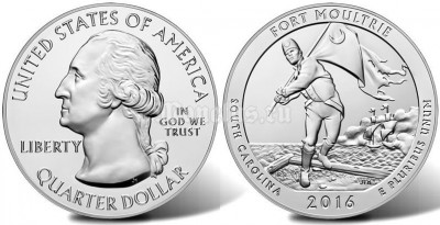 монета США 25 центов 2016 год штат Южная Каролина, Национальный парк Форт Молтри, 35-й