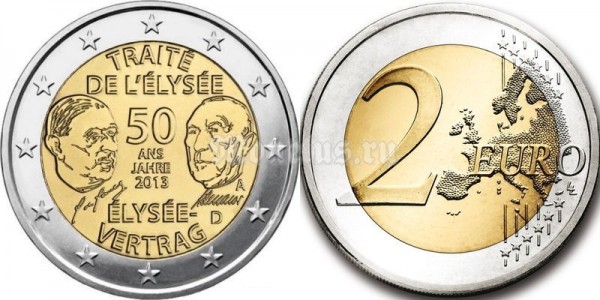монета Франция 2 евро 2013 год 50-летие франко-германского договора о дружбе и сотрудничестве (Елисейского договора)
