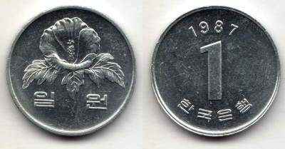 монета Южная Корея 1 вона 1987 год