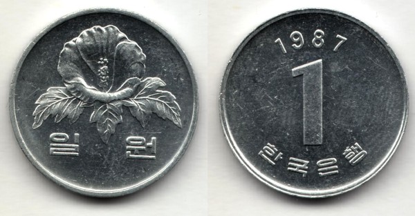 монета Южная Корея 1 вона 1987 год