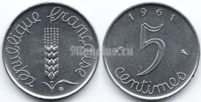 монета Франция 5 сантимов 1961 год
