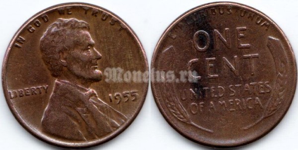 монета США 1 цент 1955 год