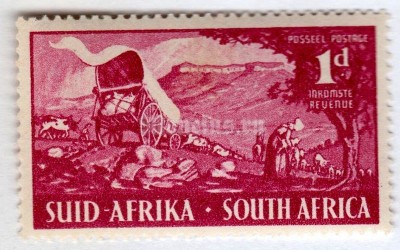 марка Южная Африка 1 пенни "wagons approaching Bermingham's Berg" 1949 год