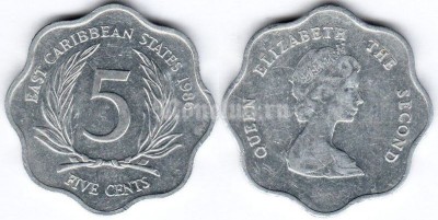 монета Восточные Карибы 5 центов 1986 год