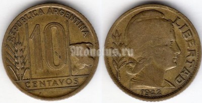 монета Аргентина 10 сентаво 1942 год
