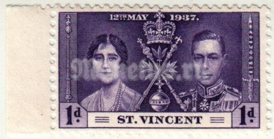 марка Острова Сент-Винсент и Гренады 1 пенни "Король Георг VI и королева Елизавета I" 1937 год