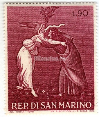 марка Сан-Марино 90 лир "The Mystic Nativity, by Botticelli, Detail" 1968 год