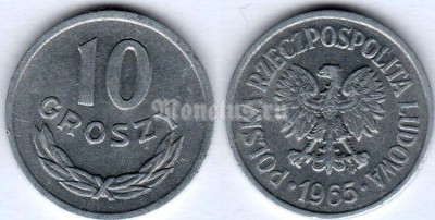монета Польша 10 грошей 1965 год