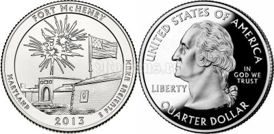 Монета США 25 центов 2013 год штат Мэриленд Национальный памятник Форт МакГенри, 19-й