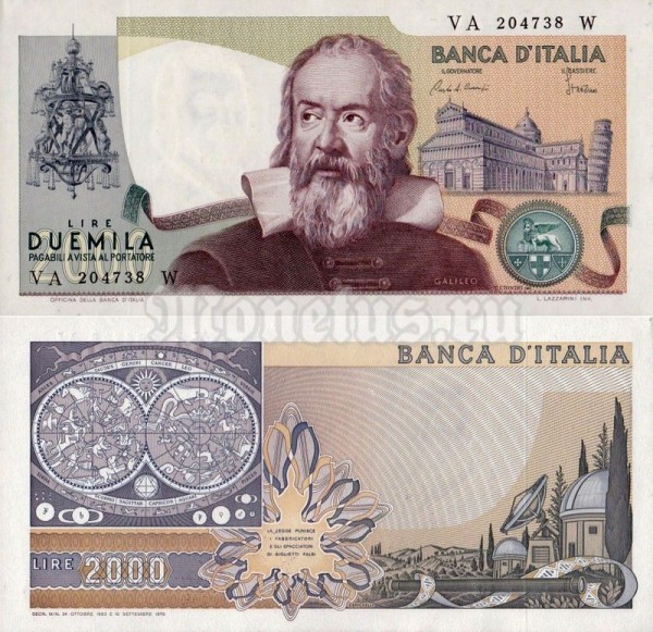 банкнота Италия 2000 лир 1983 год - Галилео Галилей