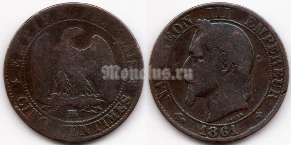 монета Франция 5 сантимов 1861 год