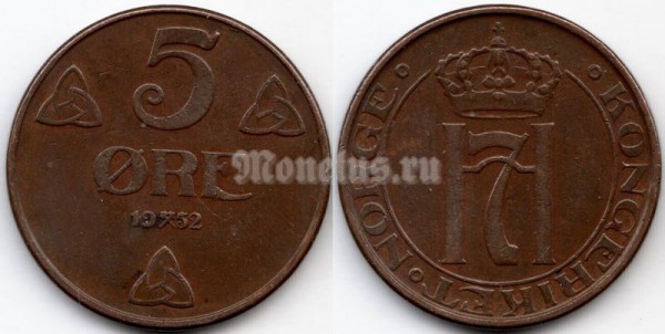 монета Норвегия 5 эре 1952 год