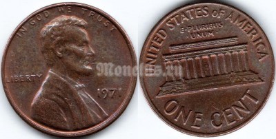 монета США 1 цент 1971 год