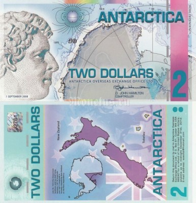 бона Антарктика 2 доллара 2008 год, пластик