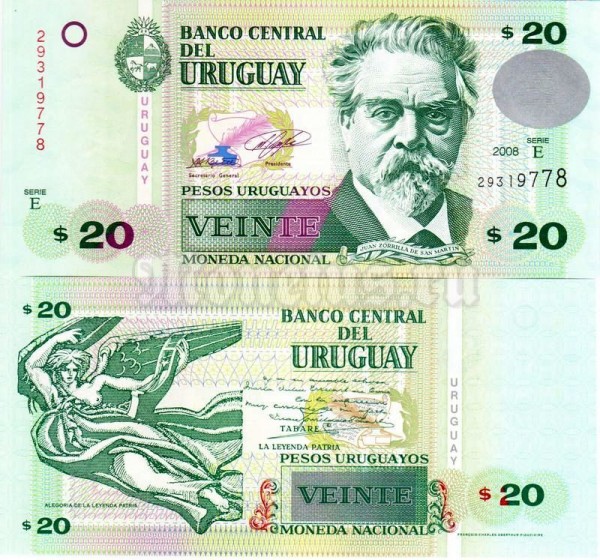 банкнота Уругвай 20 песо 2008 год