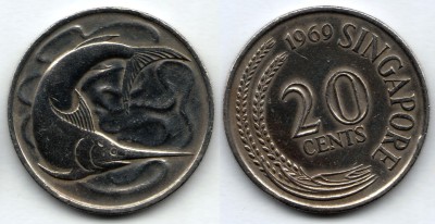 монета Сингапур 20 центов 1969 год