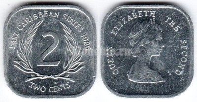 монета Восточные Карибы 2 цента 1986 год