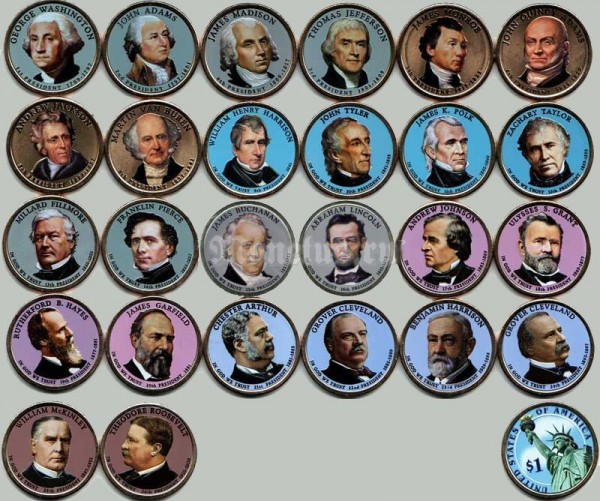 США набор из 39-ти монет 1 доллар 2007 - 2016 гг. Президенты США, эмаль