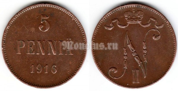 Монета Русская Финляндия 5 пенни 1916 год 