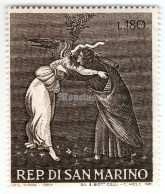 марка Сан-Марино 180 лир "The Mystic Nativity, by Botticelli, Detail" 1968 год