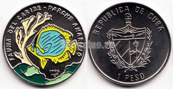 монета Куба 1 песо 1996 год Карибская фауна - Жёлтый окунь. Цветная эмаль