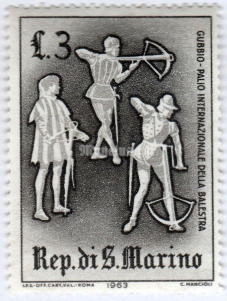 марка Сан-Марино 3 лиры "Gubbio International Crossbow Competition" 1963 год
