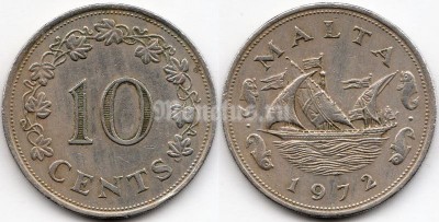 монета Мальта 10 центов 1972 год