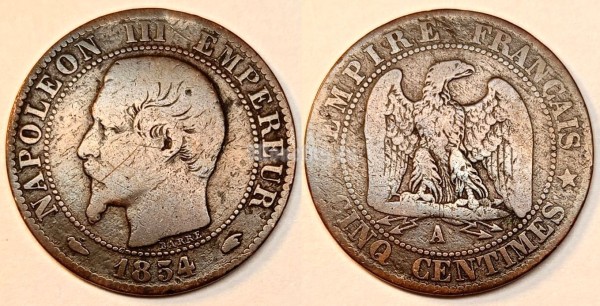 монета Франция 5 сантимов 1854 год