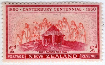 марка Новая Зеландия 2 пенни "Cairn Lyttleton Hills" 1950 год