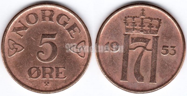 монета Норвегия 5 эре 1953 год