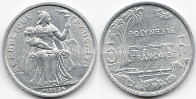 монета Французская Полинезия 5 франков 1965 год