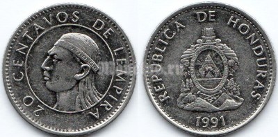 монета Гондурас 20 центаво 1991 год